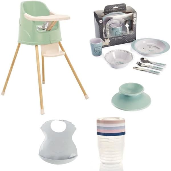 YOUPLA Matpaket - Thermobaby - Barnstol - Servisset - 5 förvaringslådor - Halvstyv haklapp