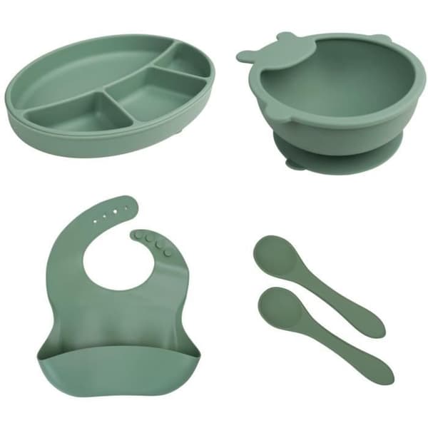 Matpaket - THERMOBABY - Silikon - Kaktusgrön - Tallrik, skål, haklapp och skedar