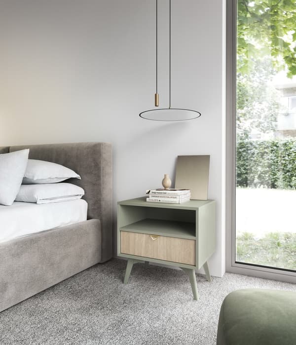 Sengebord: en skuffe, en hylde, Farve: eucalyptus / sandi sildeben, eukalyptus træben,