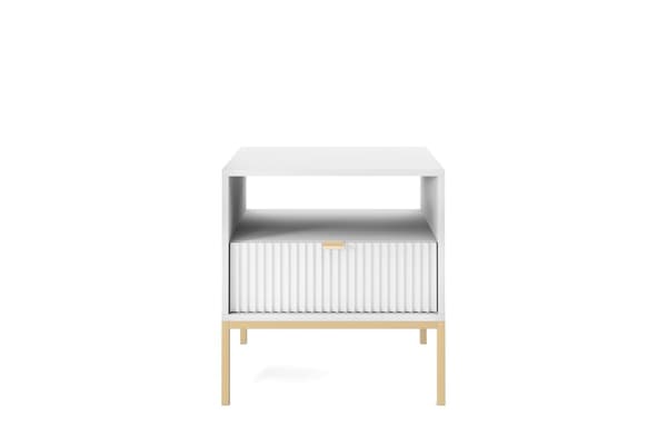 Sengebord: to skuffer, Farve: hvid, rammefarve: guld Møbelmål: bredde: 54 cm, højde: 56 cm, dybde: 39 cm,