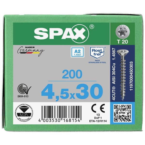 SPAX 1197000450303 Träskruv 4.5 mm 30 mm T-STAR plus 88091 Rostfritt stål A2 200 st