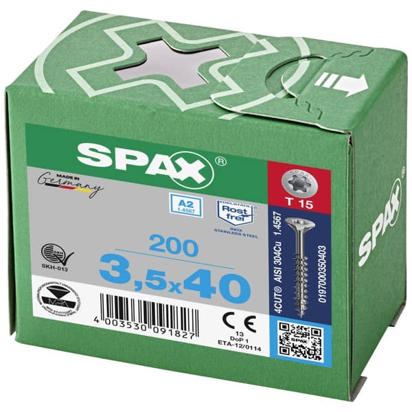 SPAX 197000350403 Träskruv 3.5 mm 40 mm T-STAR plus 88091 Rostfritt stål A2 200 st