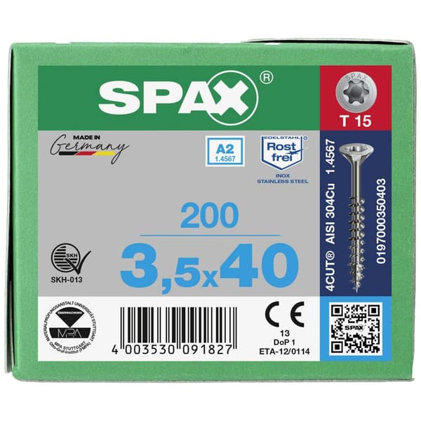 SPAX 197000350403 Träskruv 3.5 mm 40 mm T-STAR plus 88091 Rostfritt stål A2 200 st