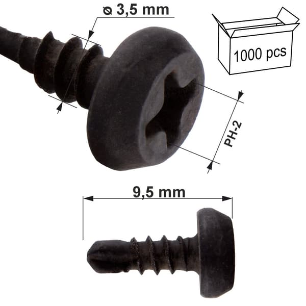 KSTEX loppeskruer 3,5x9,5mm Fosfateret