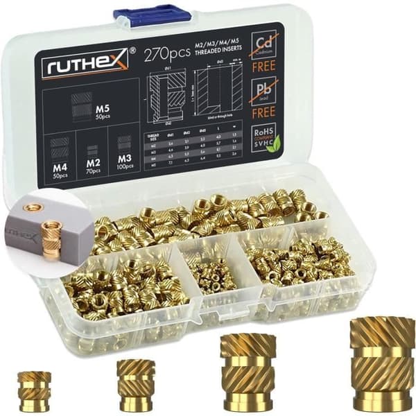 ruthex Boîte M2 + M3 + M4 + M5 insatsgänga | 70 + 100 + 50 + 50 gängade hylsor i mässing | Stabil mutter för plast