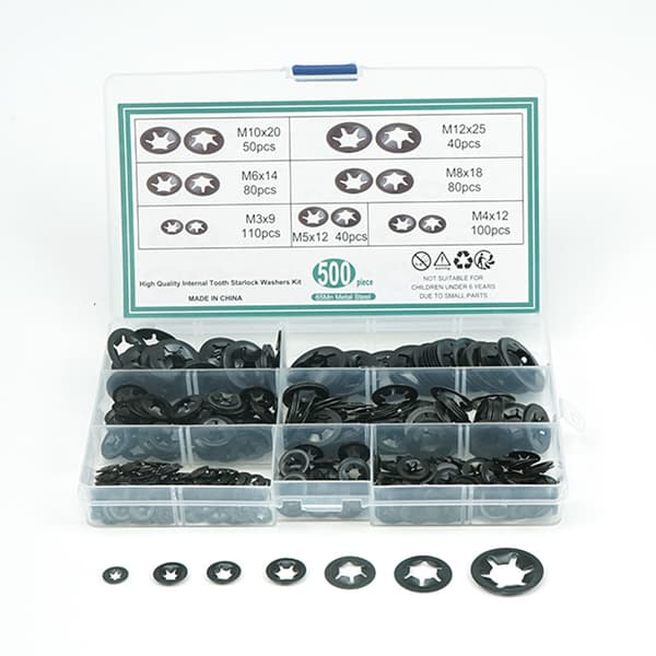 INF E-Clip -pidätinrengassarja - 500 kpl, 3-12 mm, 65Mn teräs