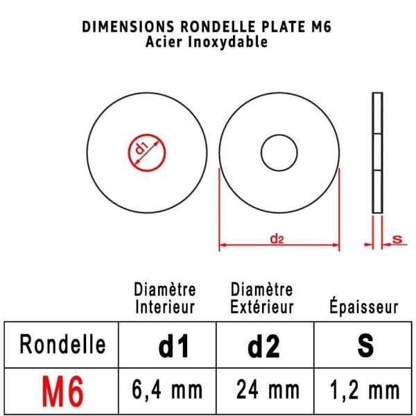 M6 rostfri bricka: Låda med 30 st Platt EXTRA STOR Rostfritt stål A2 | PROTORX | (Diam.int = 6,4 mm x Diam.ext = 24 mm)