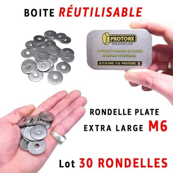 M6 rostfri bricka: Låda med 30 st Platt EXTRA STOR Rostfritt stål A2 | PROTORX | (Diam.int = 6,4 mm x Diam.ext = 24 mm)
