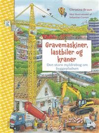 Gravemaskiner, lastbiler og kraner.