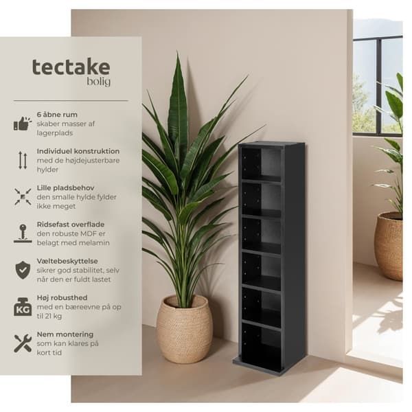 Reol med 6 hylder til 102 CD'er 90x21x20cm - sort