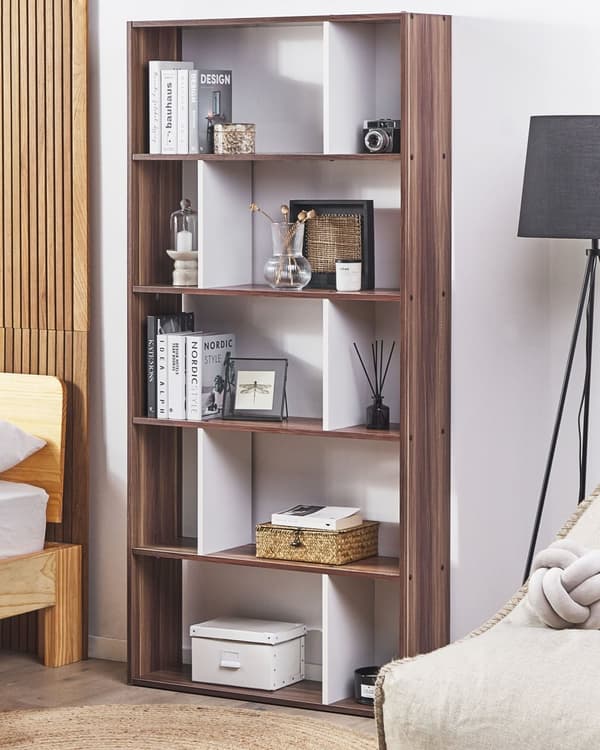 Kirjahylly tumma puu/valkoinen 83 x 174 x 23 cm MDF lastulevy 5 hyllyä avonainen skandinaavinen