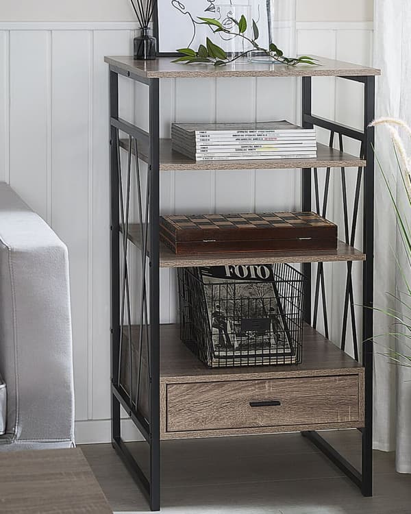 Reol Mørkt Træ Taupe Sort Metal Stel 101 x 56 cm Lav Bogreol med Skuffe Hylde Opbevaring Industriel stil til Kontor Stue Indendørs Tilbehør