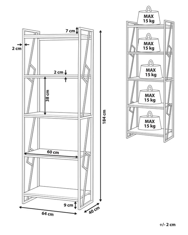 Bogreol Mørkt Træ Sort Metal Stel 184 x 64 cm Reol med 5 Hylder Industriel stil Opbevaring til Kontor Stue Bibliotek Indretning Tilbehør