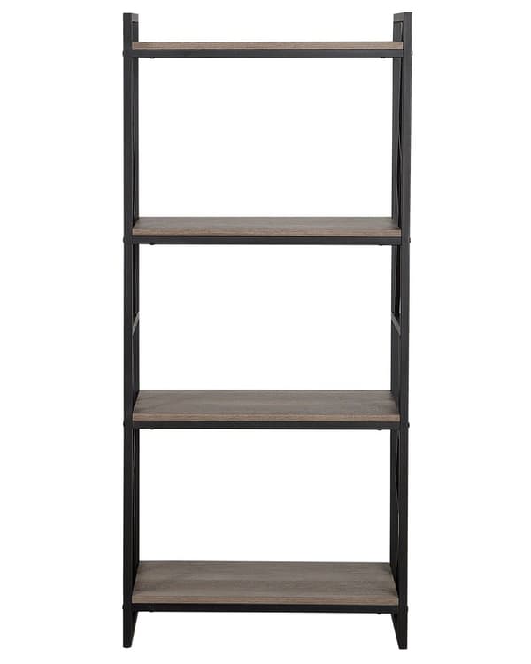 Kirjahylly tumma puu lastulevy mustat metallijalat 64 x 40 x 143 cm neljällä hyllyllä industriaalinen