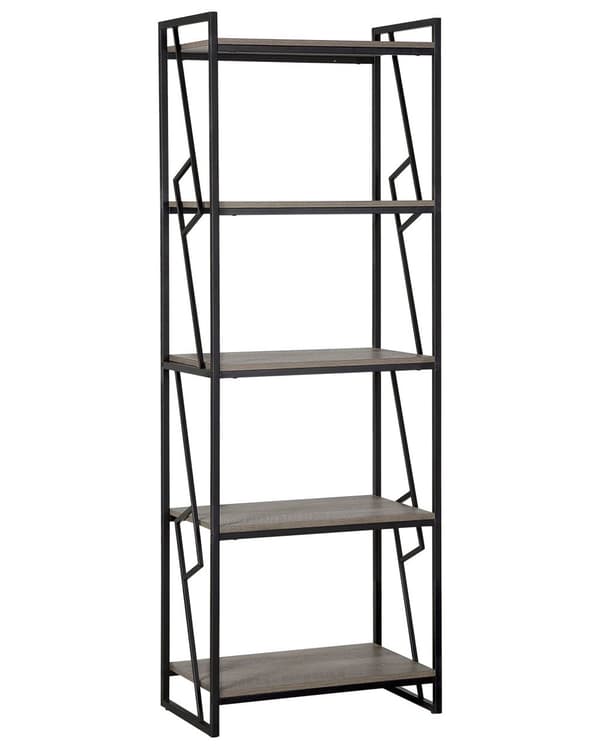 Kirjahylly tumma puu lastulevy mustat metallijalat 64 x 40 x 184 cm viidellä hyllyllä industriaalinen