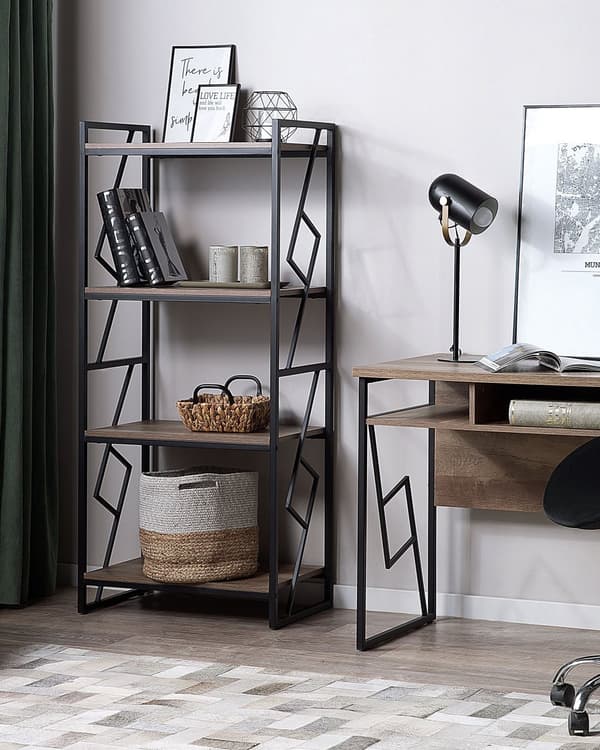4-vånings Bokhylla Mörk trä och Svart Metallram Öppen Hylla Industriell Minimalist Hyllplan