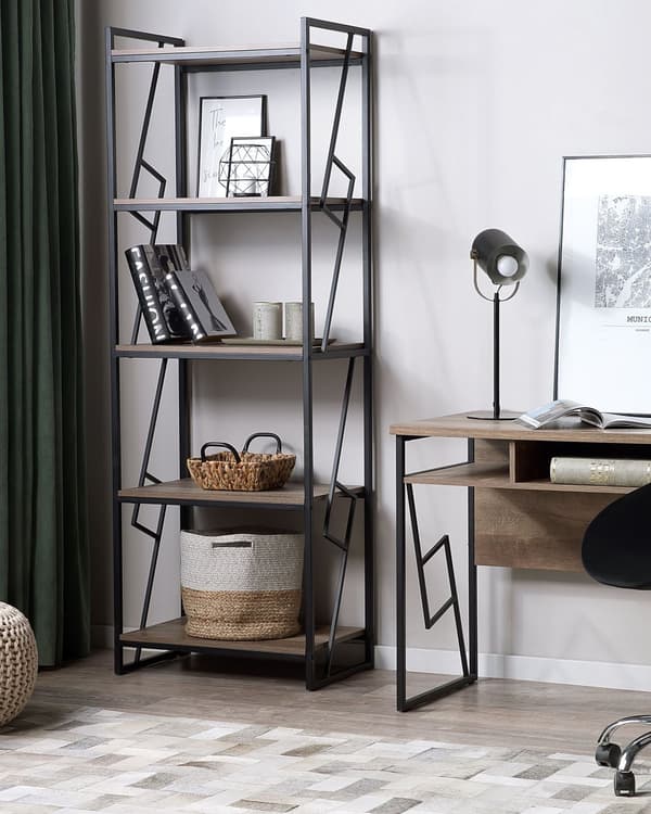 5-vånings Bokhylla Mörk trä och Svart Metallram Öppen Hylla Industriell Minimalist Hyllplan