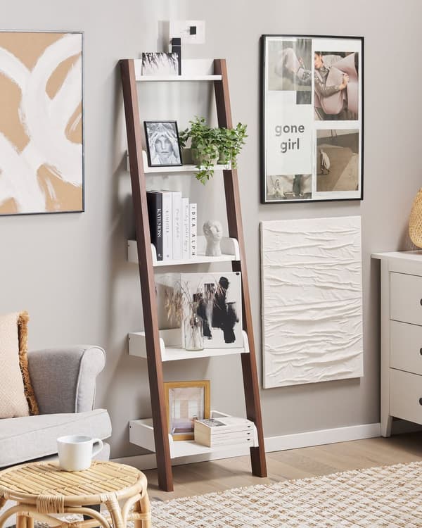 Stigereol Hvid Mørk Træ 45 x 36 x 166 cm Høj Smal Reol med 5 Hylder til Stue Trappereol Soveværelse Kontor Bogreol Moderne Indretning