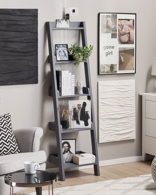 Stigereol Grå Træ 45 x 36 x 166 cm Høj Smal Reol med 5 Hylder til Stue Trappereol Soveværelse Kontor Bogreol Moderne Indretning