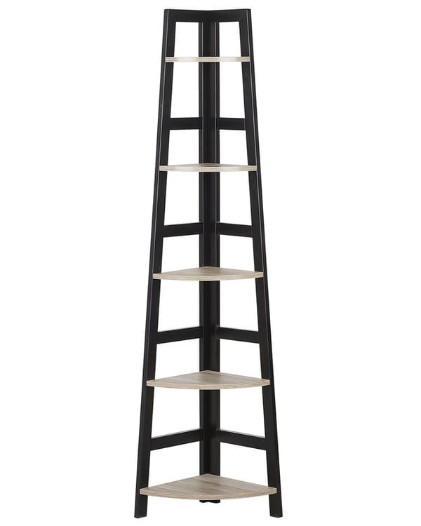 Hjørnestigehylde sort og lys træeffekt 163 x 44 cm 5-lags reol