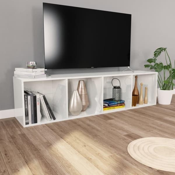 vidaXL Bokhylle/TV-benk høyglans hvit 36x30x143 cm sponplate