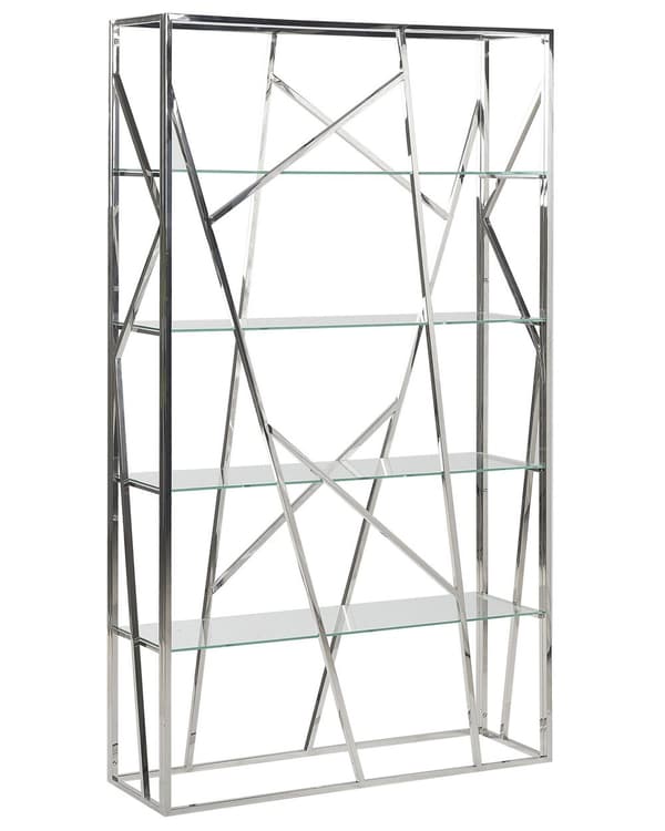Bogreol Sølv Rustfrit Stål Hærdet Glas 175 x 100 x 30 cm Dekorativ Reol Hylder Opbevaring Stue Tilbehør Glamourøs Minimalistisk