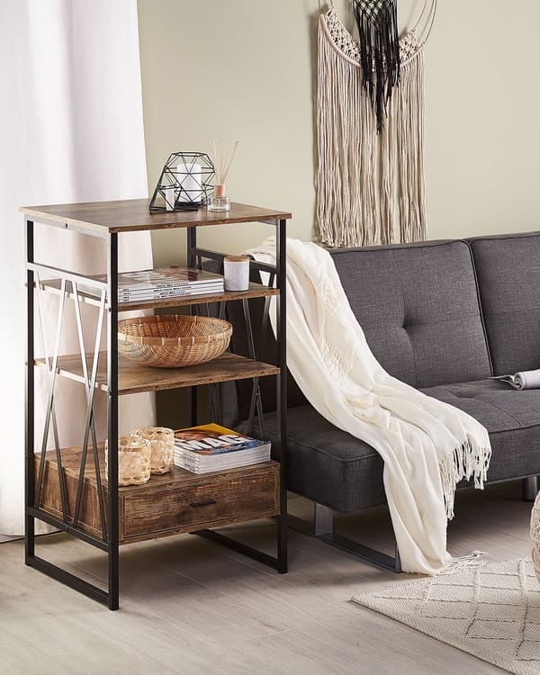 Reol Mørkt Træ Sort Metal Stel 101 x 56 cm Lav Bogreol med Skuffe Hylde Opbevaring Industriel stil til Kontor Stue Indendørs Tilbehør