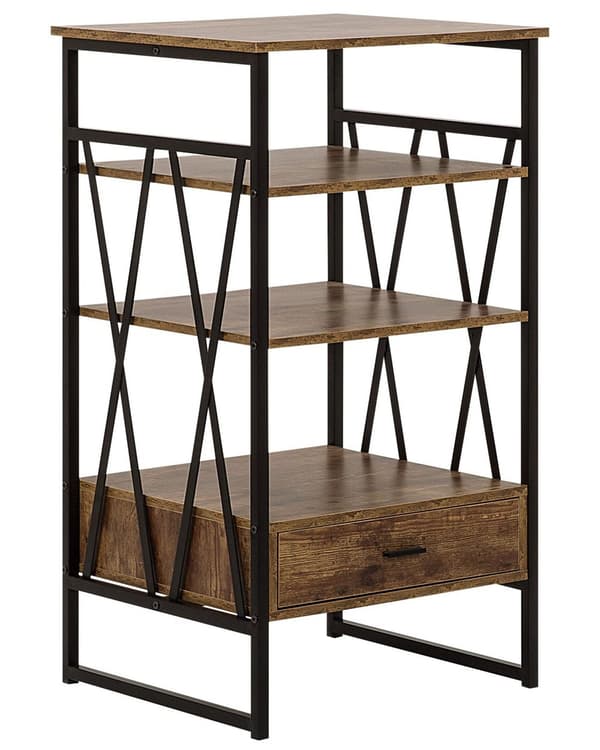 Reol Mørkt Træ Sort Metal Stel 101 x 56 cm Lav Bogreol med Skuffe Hylde Opbevaring Industriel stil til Kontor Stue Indendørs Tilbehør