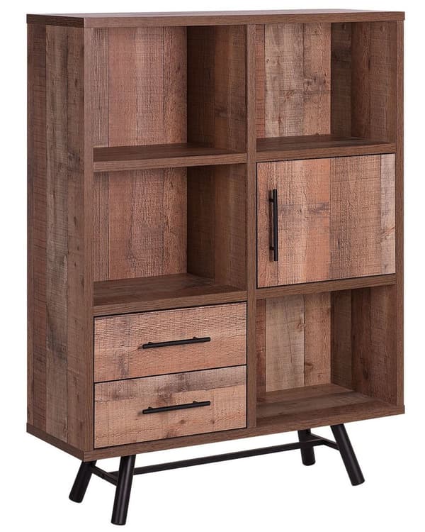Kirjahylly vaalea puu lastulevy metallijalat 97 x 36 x 131 cm laatikoilla kaapilla neljä hyllyä moderni