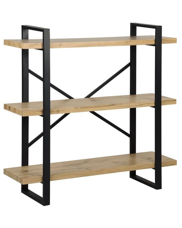 Kirjahylly vaalea puu MDF-levy metallijalat 111 x 35 x 111 cm kolmitasoinen avohyllyt industriaalinen tyyli