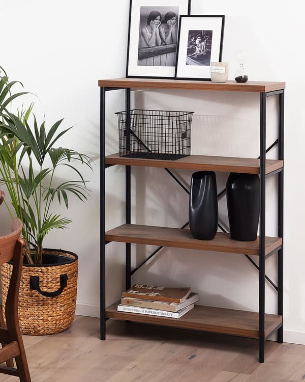 Kirjahylly tumma puu MDF-levy musta teräs 80 x 37 x 122 cm kolmella hyllyllä industriaalinen tyyli