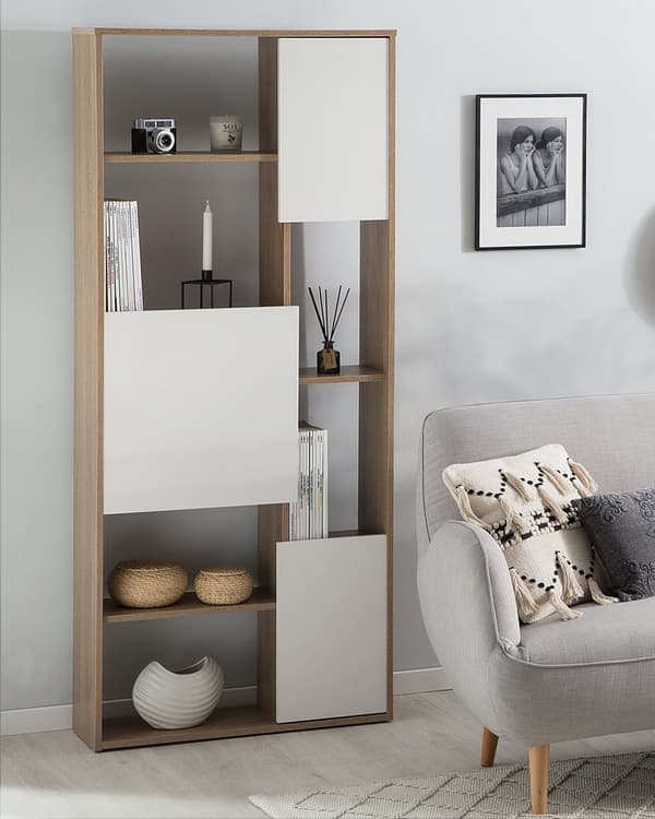 Kirjahylly tumma puu valkoinen MDF lastulevy 75 x 24 x 175 cm kaapeilla kuusi hyllyä skandinaavinen