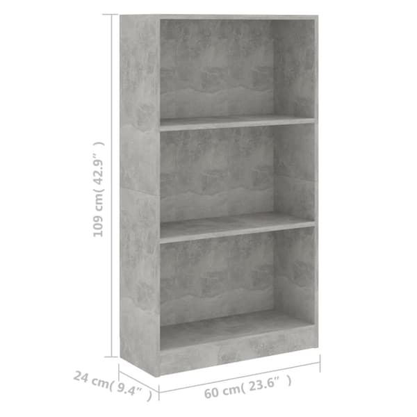 vidaXL Bogreol/reol med 3 hylder 60x24x109 cm konstrueret træ betongrå change