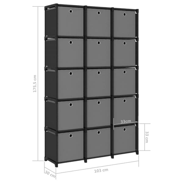 vidaXL Displayhylle med 15 kuber og bokser svart 103x30x175,5 cm stoff