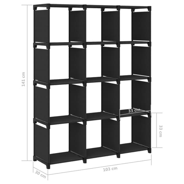 vidaXL Display reol med 12 kubeformede rum 103x30x141 cm stof sort
