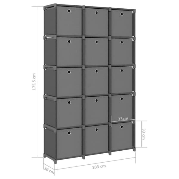 vidaXL reol med 15 rum og kasser 103x30x175,5 cm stof grå