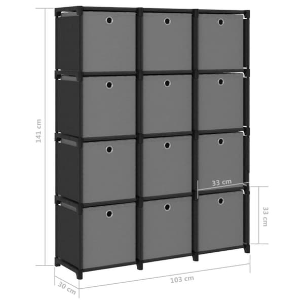 vidaXL Displayhylle med 12 kuber og bokser svart 103x30x141 cm stoff