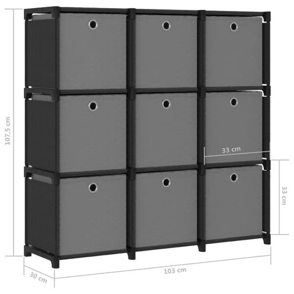 vidaXL Displayhylle med 9 kuber og bokser svart 103x30x107,5 cm stoff