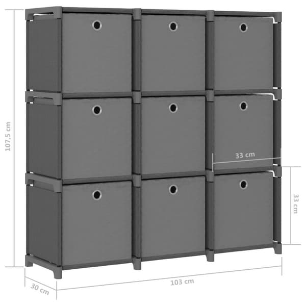 vidaXL Displayhylle med 9 kuber og bokser grå 103x30x107,5 cm stoff