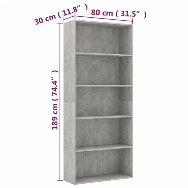 vidaXL Bogreol/reol med 5 hylder 80x30x189 cm konstrueret træ betongrå change