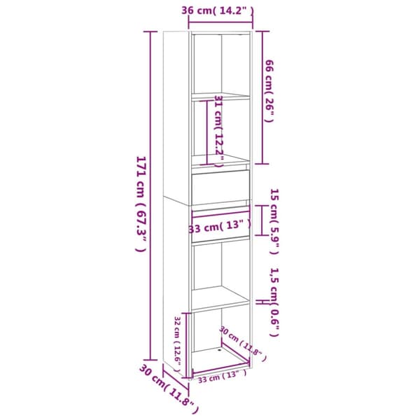 vidaXL Bokhylle sonoma eik 36x30x171 cm konstruert tre