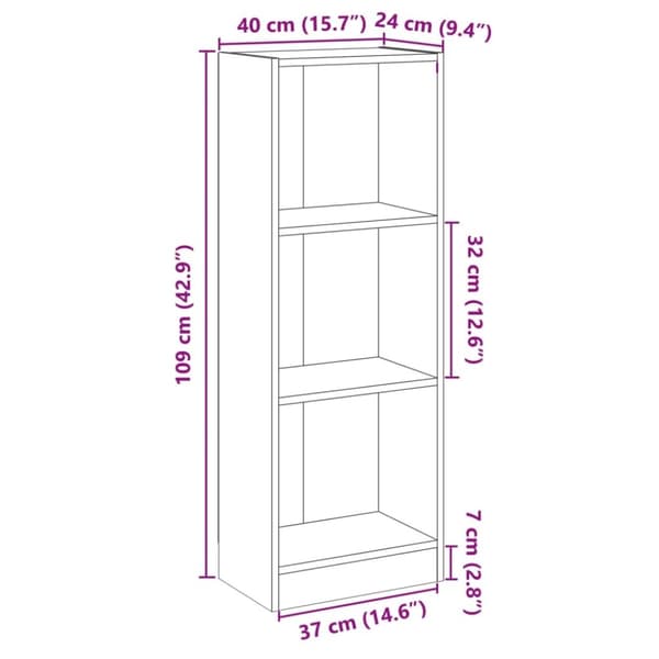 vidaXL 3-tasoinen kirjahylly harmaa 40x24x109 cm tekninen puu