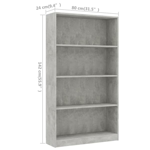 vidaXL Bogreol/reol med 4 hylder 80x24x142 cm konstrueret træ betongrå change