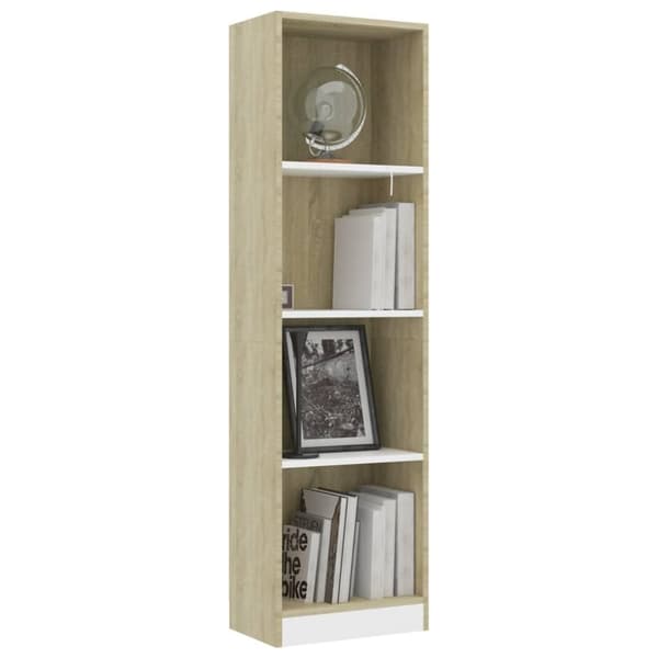 vidaXL Bogreol/reol med 4 hylder 40x24x142 cm konstrueret træ hvid og eg change