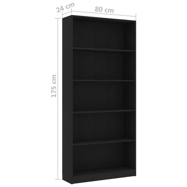 vidaXL Bogreol/reol med 5 hylder 80 x 24 x 175 cm spånplade sort change