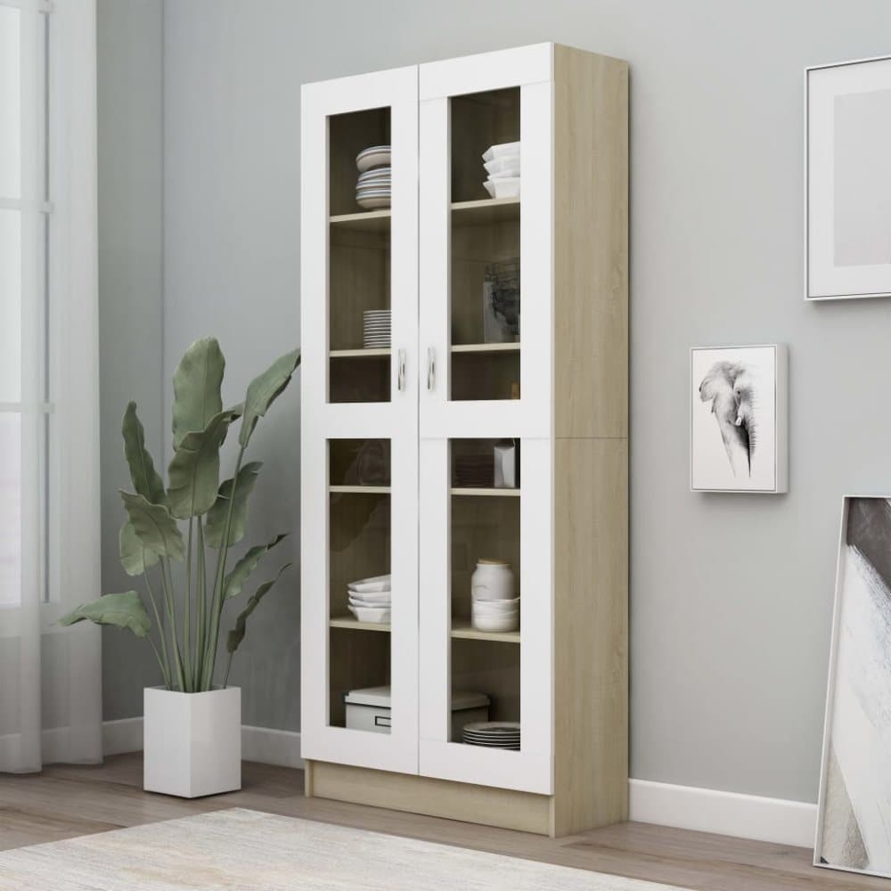vidaXL Vitriinikaappi valk./Sonoma-tammi 82,5x30,5x185,5 cm lastulevy