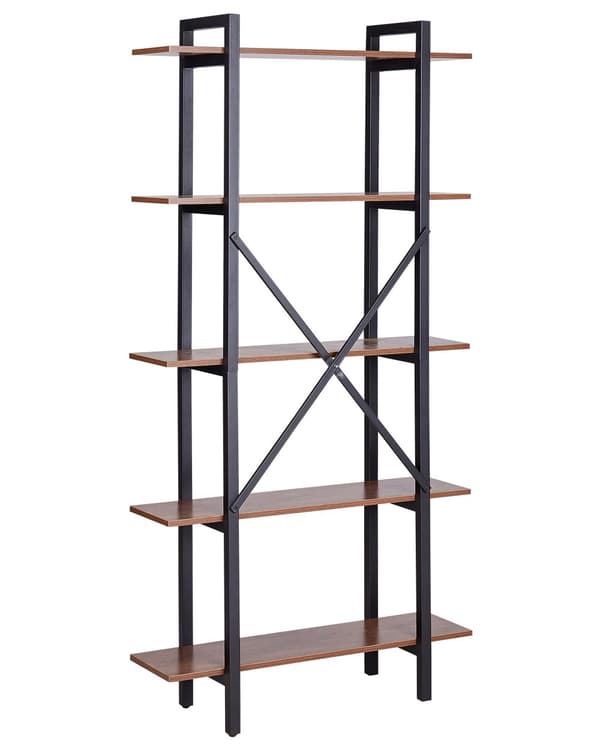 Bogreol mørkt træ sort 90 x 180 x 30 cm MDF-plade stål 5 hylder moderne industriel