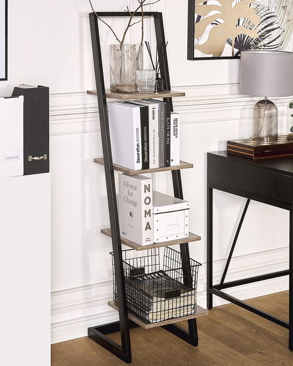 Bogreol Sort Mørkt Træ Hylder Metalramme Fritstående Moderne Design