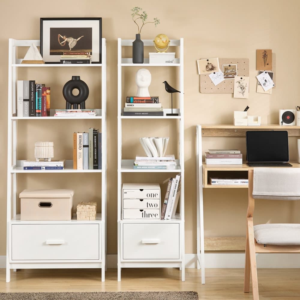 SoBuy,Bokhylla,Hörnhylla,Högstomme m hyllplan,hylla med 1 lådor,FRG116-K-W