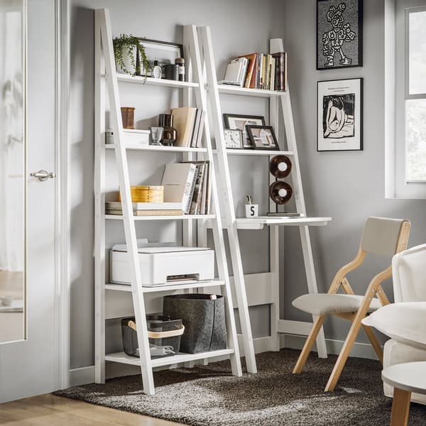 SoBuy Bogreol med 5 hylder, Stigereol,Pladsbesparende træhylde, Rumdeler Længde 65 cm Bredde 39 cm Højde 180 cm, hvid FRG61-W
